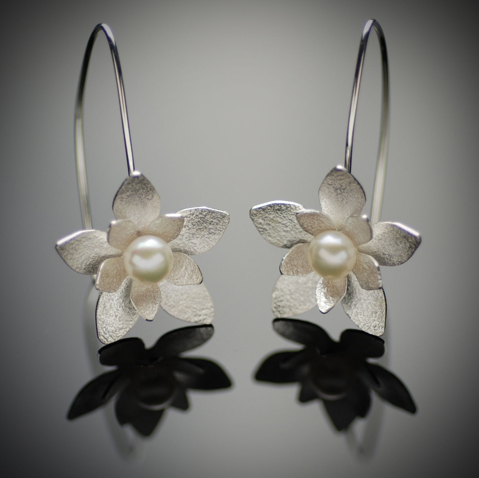 Large Silver Lotus Flower with Pearl Earrings | Centre Village Studio